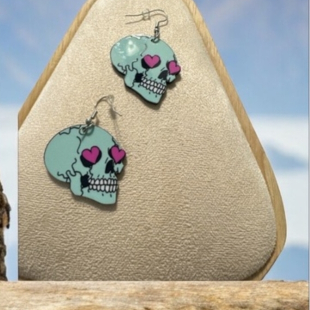 Skull Heart Earrings - Pink and Blue